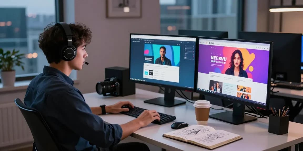 Young adult engaging with NSFW content on multiple screens in a modern workspace.