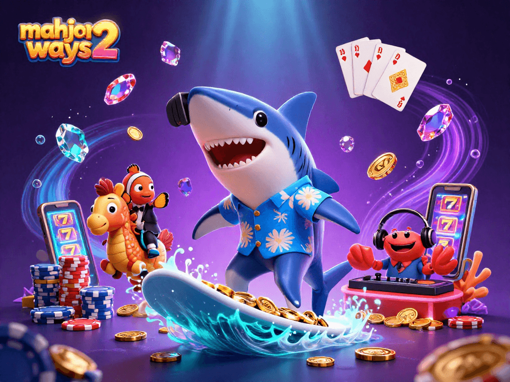 Experience mahjong ways 2 excitement with a shark surfing gold coins, gem stones, and colorful poker chips in a vibrant underwater scene.