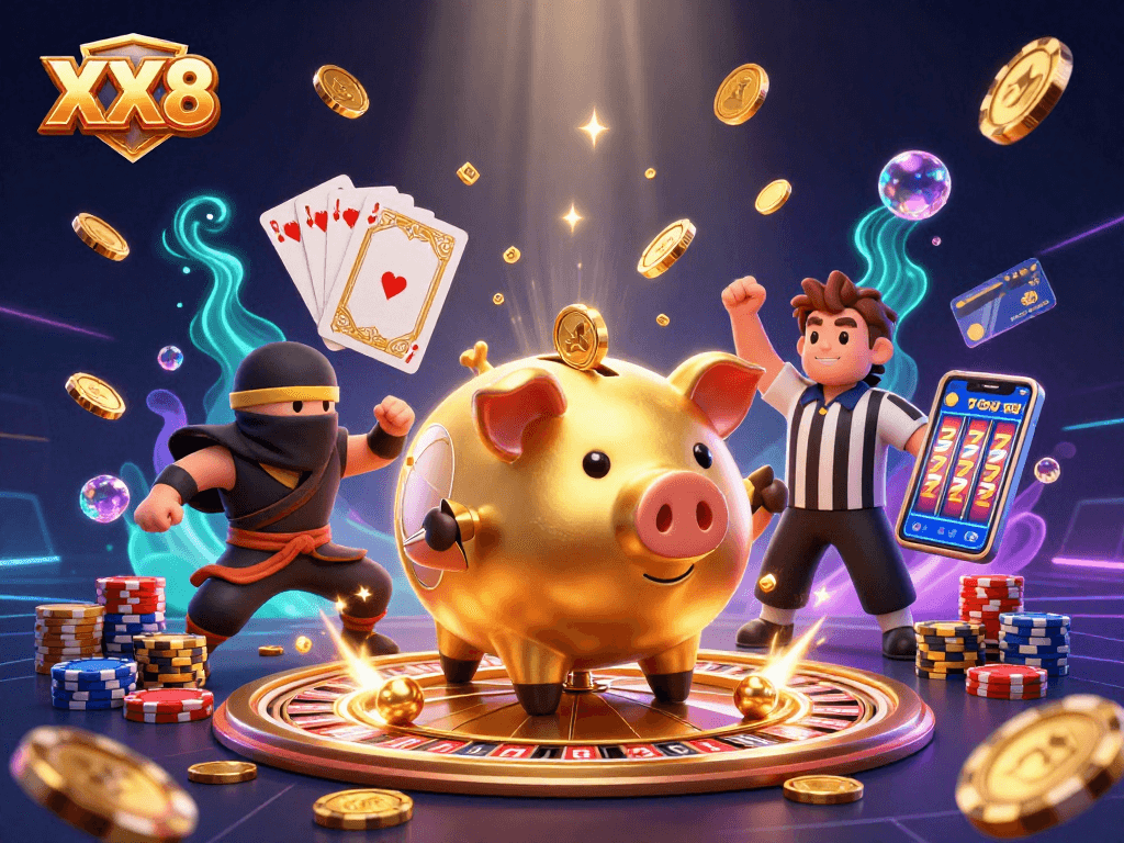 Engage in thrilling gameplay with the vibrant XX8 casino scene featuring golden piggy bank and energetic characters.