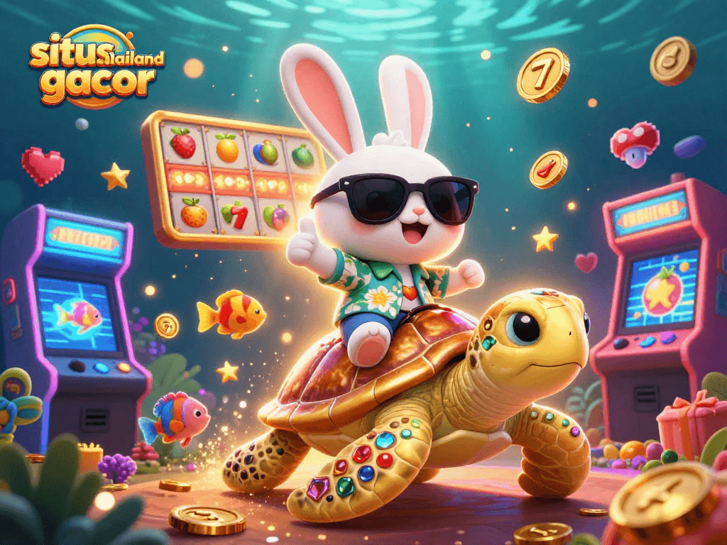 Engage with situs thailand gacor as the adorable lucky rabbit enjoys a vibrant casino adventure surrounded by colorful game elements.