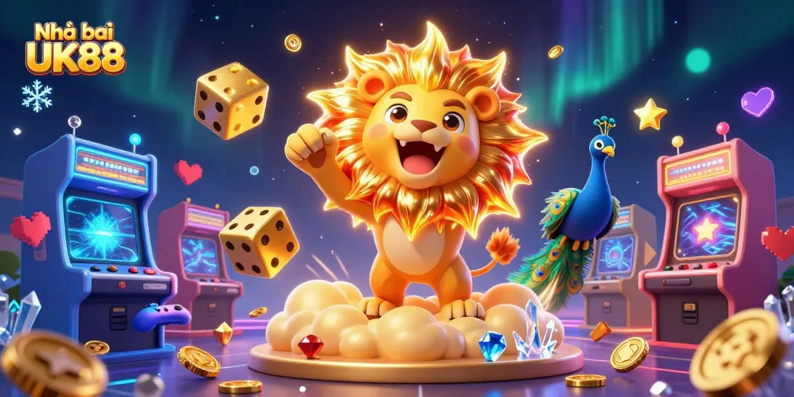 Join the fun with Nhà cái UK88 as a roaring lion, golden dice, and gaming elements collide!