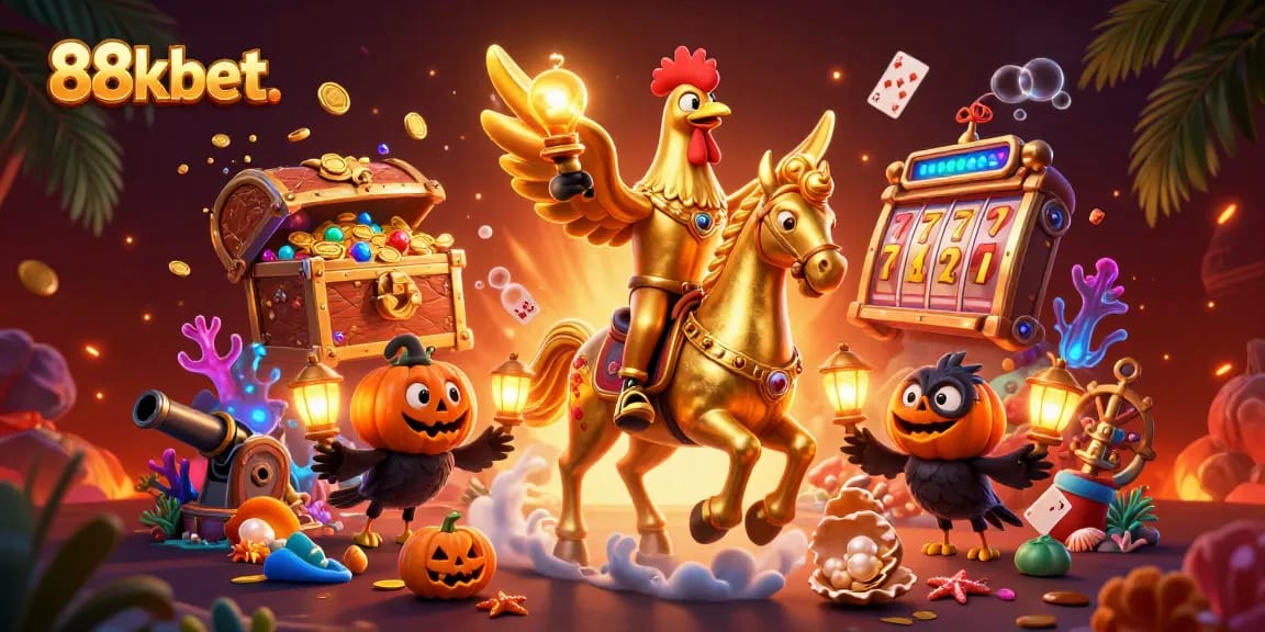 Engage with thrilling games at 88kbet. featuring a golden rooster in a vibrant casino scene.