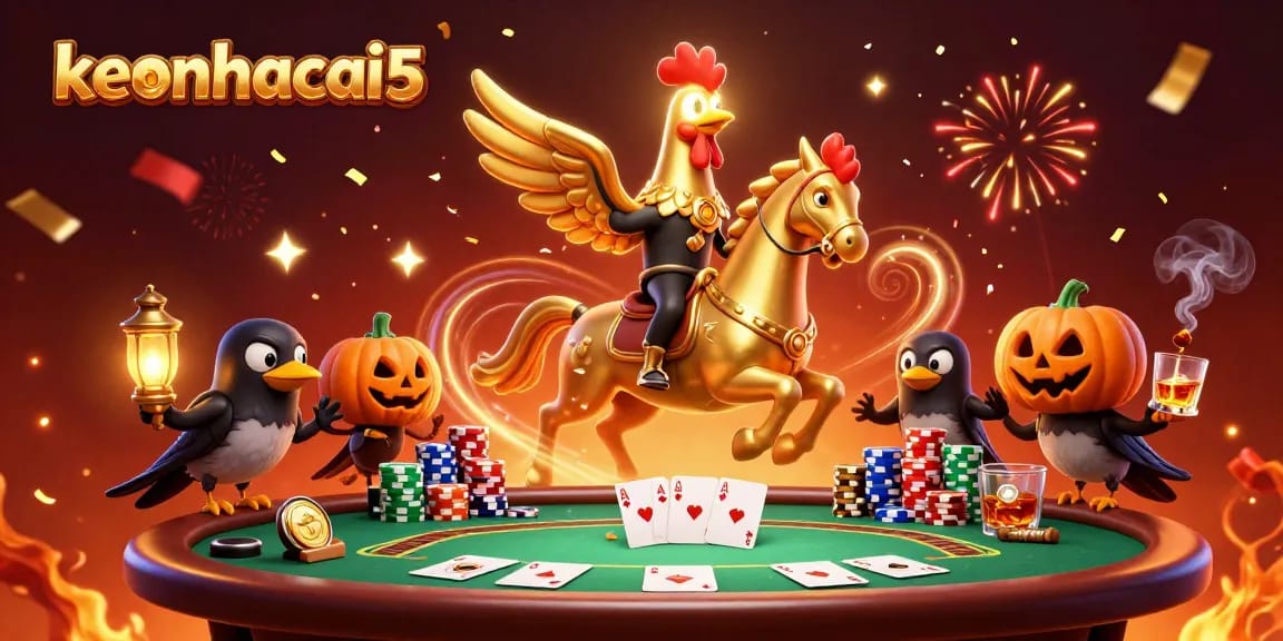 Experience excitement at keonhacai5 with a dynamic scene of the golden rooster and his companions enjoying the casino atmosphere.
