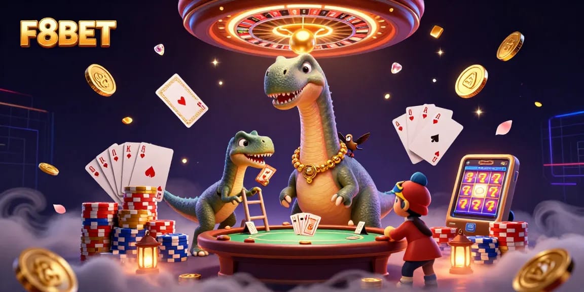 Join the thrill at F8BET with dynamic card dealing under a towering brontosaurus!