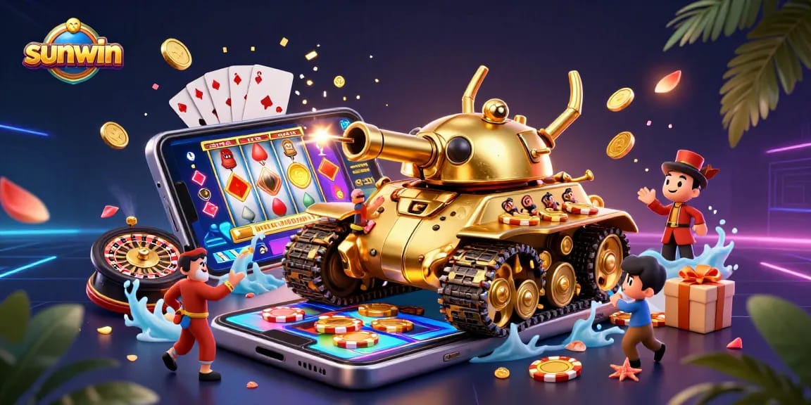 Experience sunwin's unique gameplay with a fantasy golden beetle tank revealing a vibrant miniature casino.