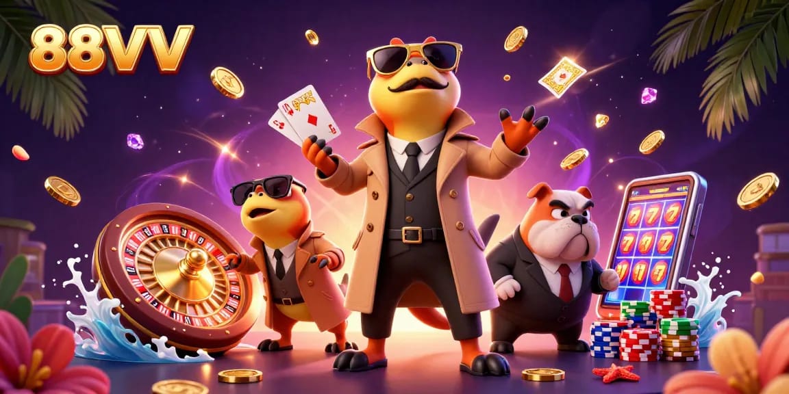 Watch 88VV raptors cleverly disguised to enter a casino, surrounded by dazzling game elements.