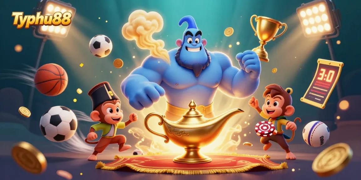 Engage with Typhu88 as a genie reveals winning sports betting opportunities amidst a magical backdrop.