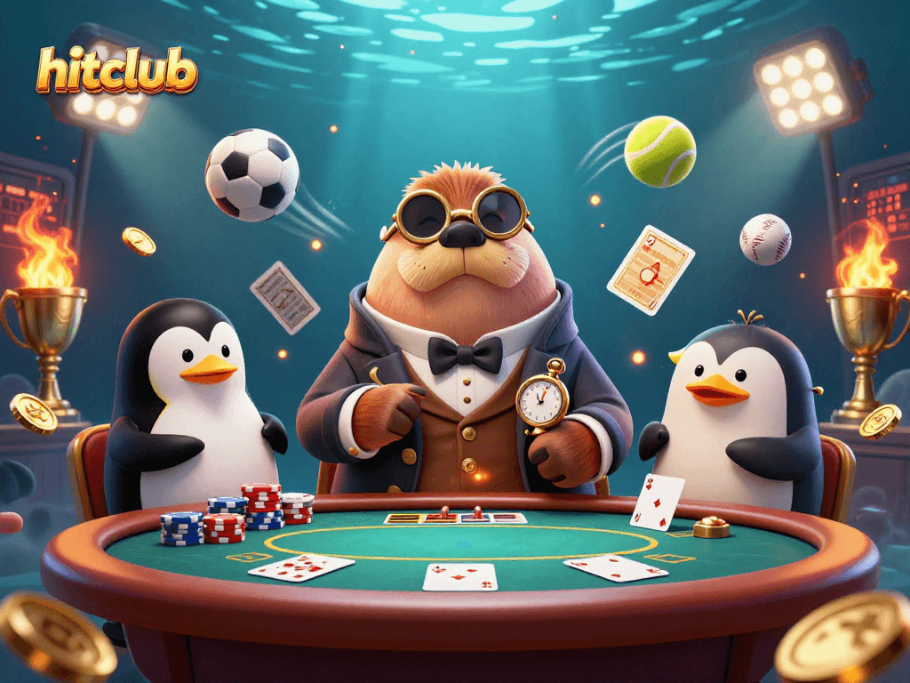 Experience excitement at hitclub with a jolly walrus playing poker in an underwater scene.