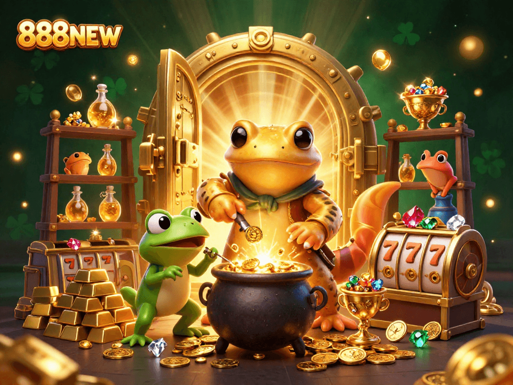 Engage in the magic of 888NEW with an alchemist transforming gold in a lively casino atmosphere.