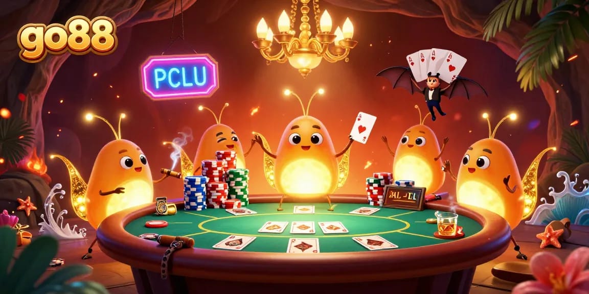 Experience the excitement of go88 with vibrant glowworms lighting a poker game scene, showcasing rich casino elements.
