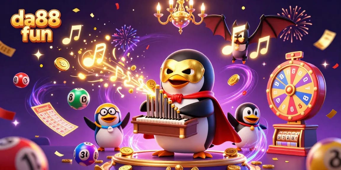 Experience da88 fun with a penguin playing an organ that shoots golden coins in a vibrant casino scene.