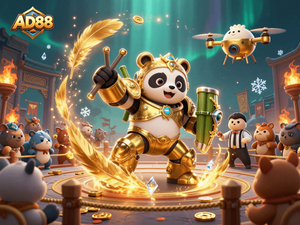 Engage with AD88's thrilling gaming experience featuring a colorful, animated casino scene.