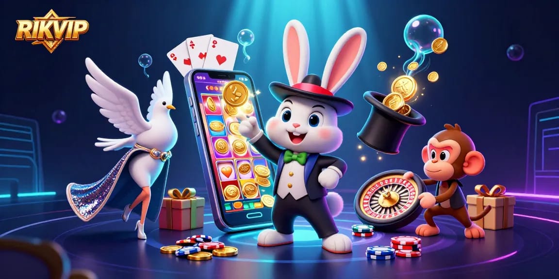 Engage with RIKVIP's vibrant slot games highlighted by a magician rabbit and playful characters.
