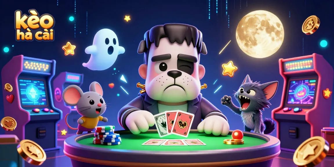 Engage with kèo nhà cái at a lively table where a monster dealer, a ghost, and a kitten create thrilling vibes.