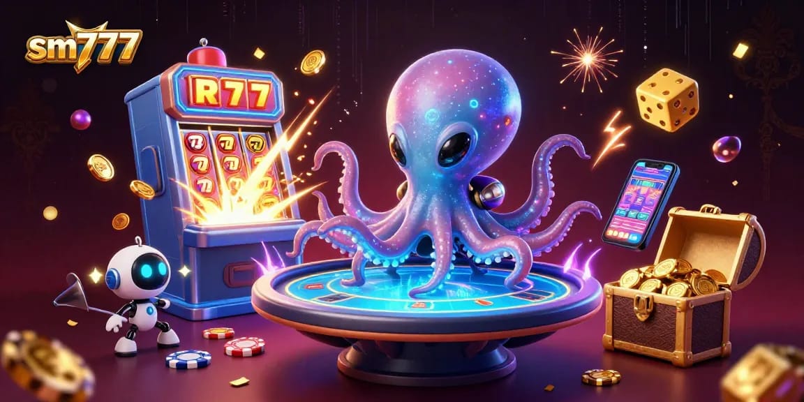 Experience thrilling gaming with sm777's alien octopus at a holographic poker table surrounded by dynamic casino elements.