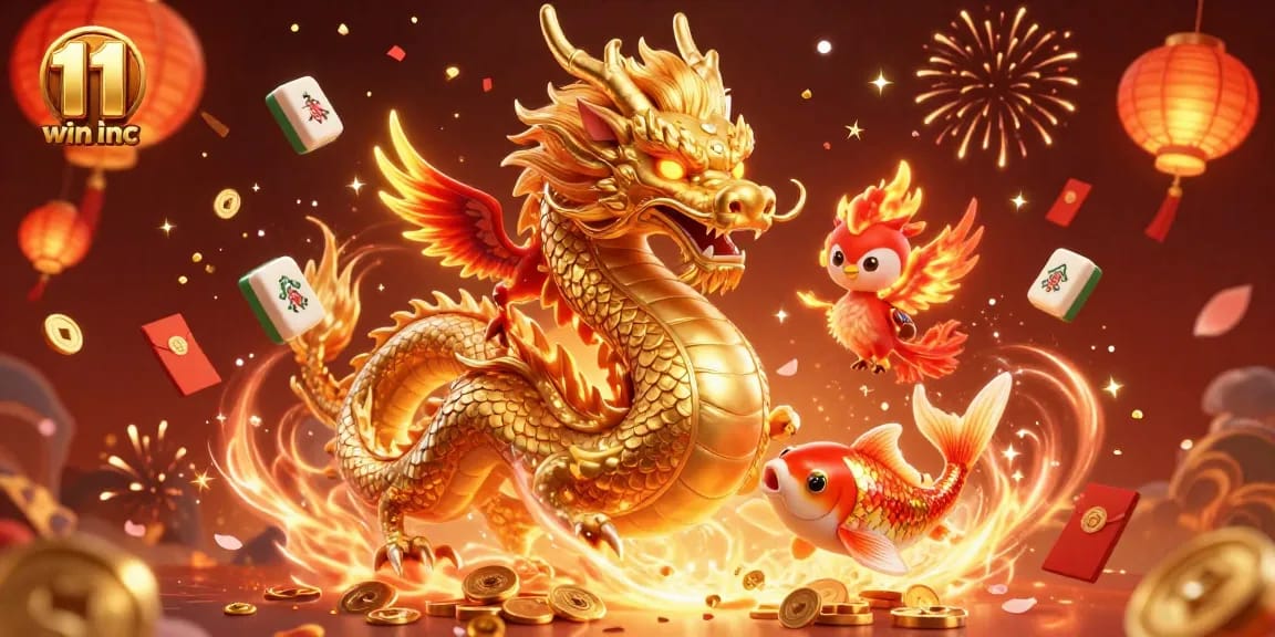 Engage with the vibrant 11 win inc 3D illustration featuring a dragon, phoenix, koi fish, and cascading coins.