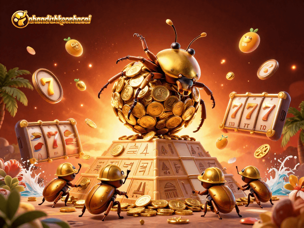 Experience thrilling adventures with nhandinhkeonhacai as golden coins and slot reels surround dynamic characters.