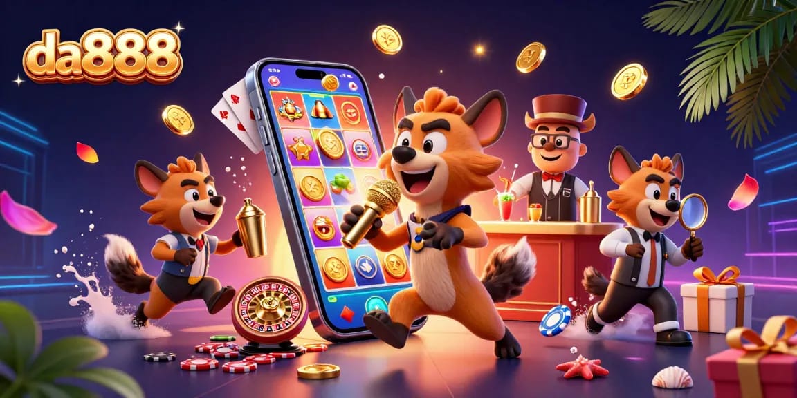 Discover laughter and gaming with da888 in a vibrant casino scene featuring hyenas.