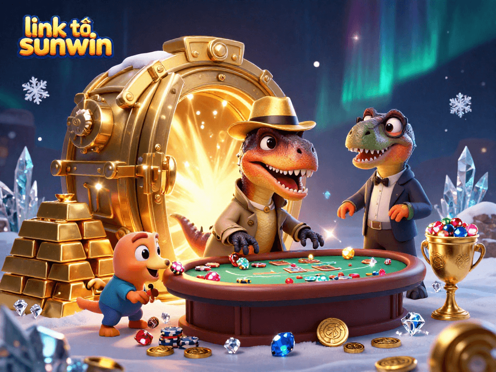 Engage in action with the link tải sunwin by a cartoon velociraptor card counter amidst a dazzling casino scene.