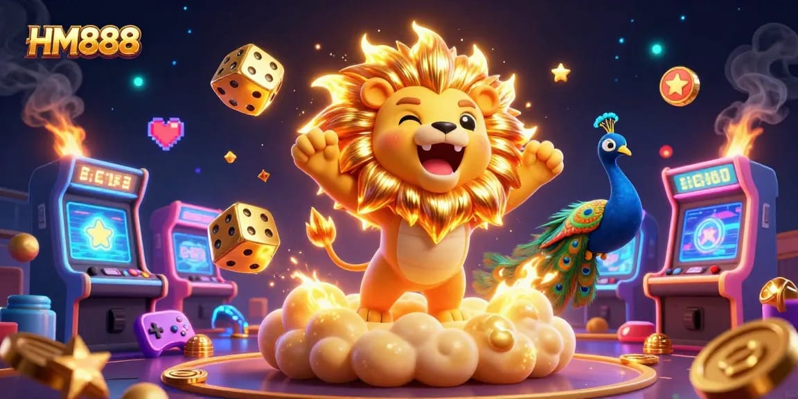 Experience thrilling fun at HM888 with 3D cartoon elements depicting vibrant casino games.