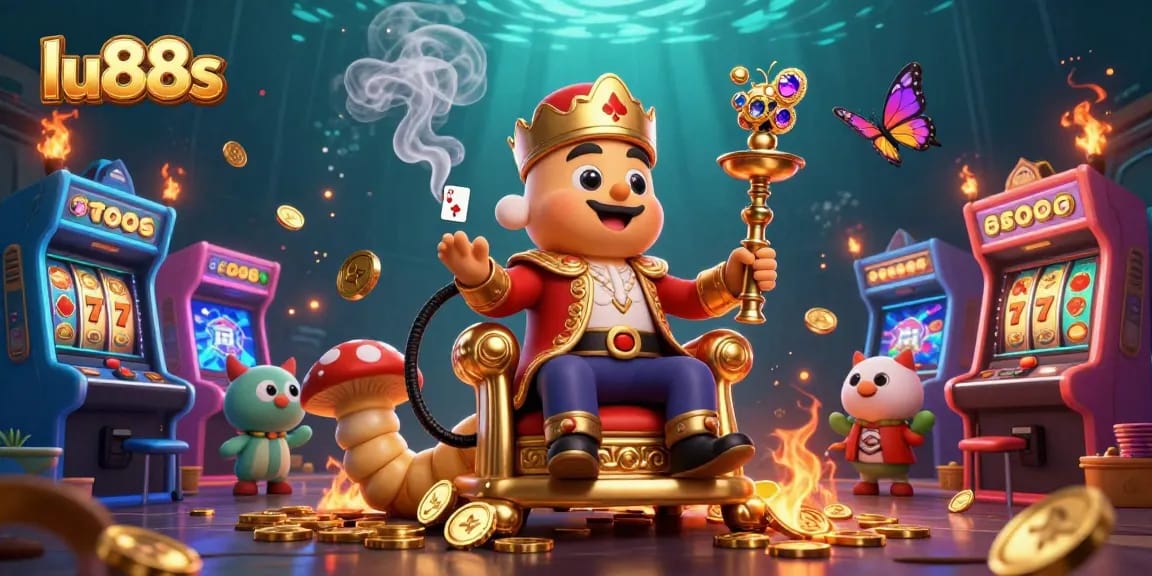 Experience exciting moments with lu88s as a whimsical caterpillar enthroned in a vibrant casino scene.