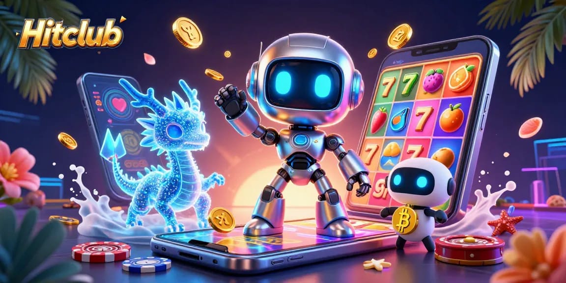Participate in exciting games at Hitclub with a vibrant 3D casino scene showcasing futuristic characters and animated gambling elements.