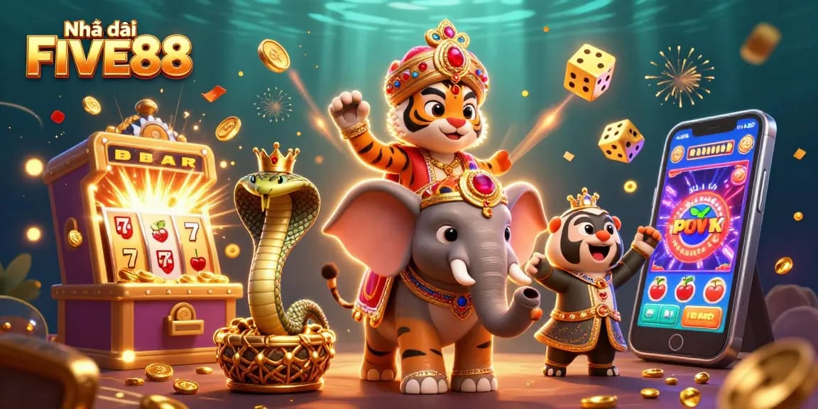 Engage with Nhà cái FIVE88 in this vibrant 3D illustration showcasing thrilling casino elements.
