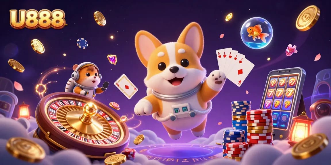 Experience the thrilling U888 casino adventure with a floating astronaut corgi and vibrant game elements.