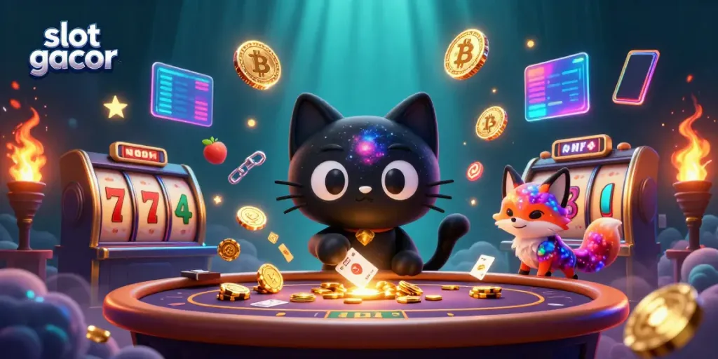 Menangkan slot gacor dengan kucing dan rubah unik dalam ilustrasi kasino fantastis.