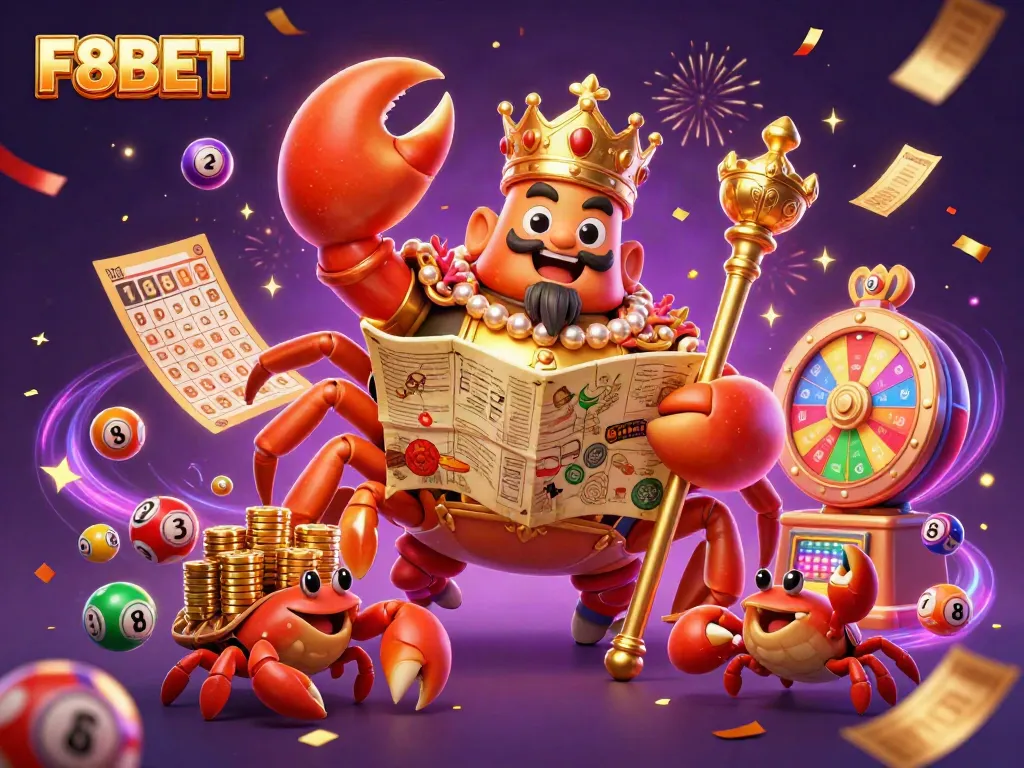Join the excitement at F8BET with a golden crab emperor leading the treasure hunt in an energetic casino scene.