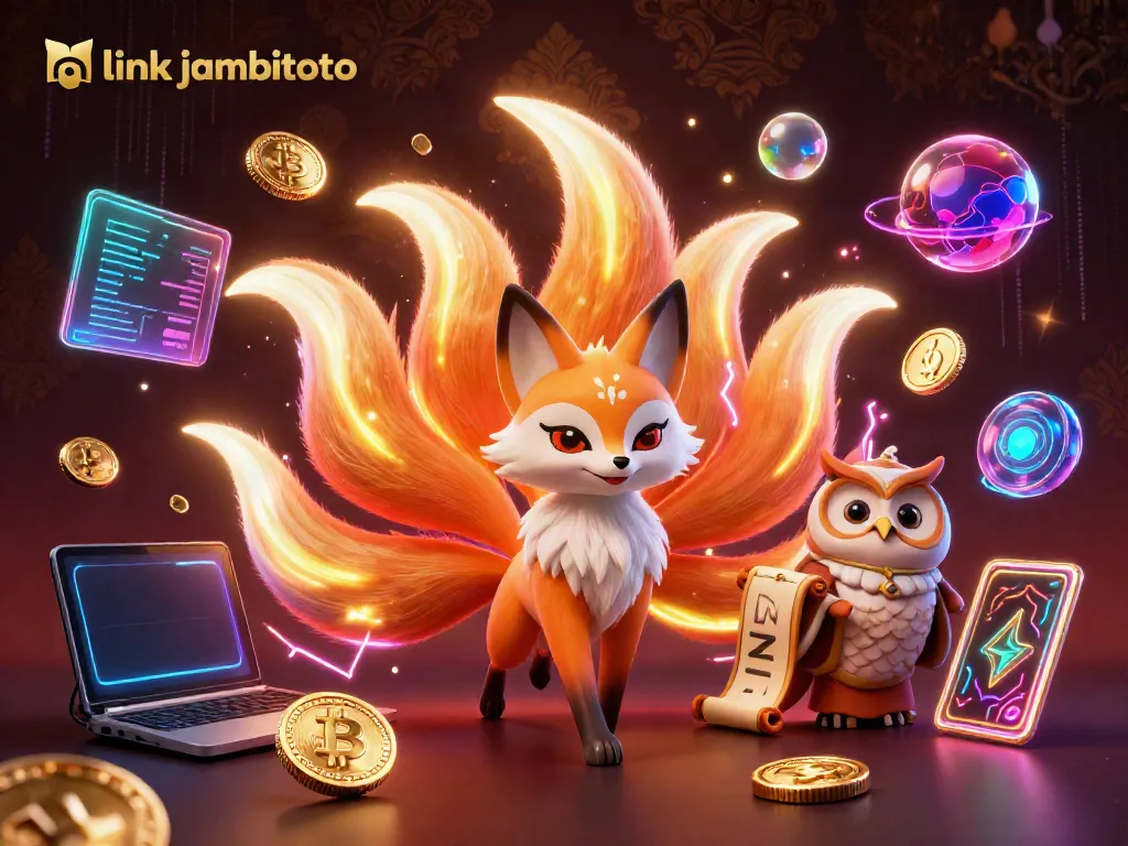 Unleash the thrill of gaming with link jambitoto, featuring a vibrant nine-tailed fox and wise owl immersed in a rich casino scene.