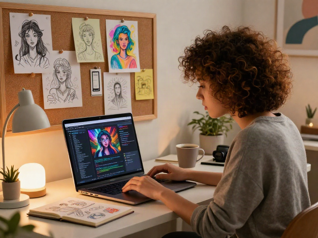 Creative workspace depicting NSFW AI content creation with vibrant visuals and design sketches