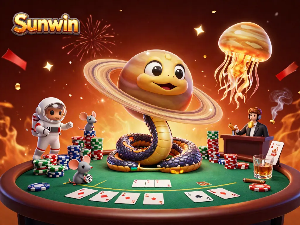 Sunwin provides a captivating 3D casino scene with a Saturn ring snake and astronaut mice gaming on a cosmic roulette wheel.