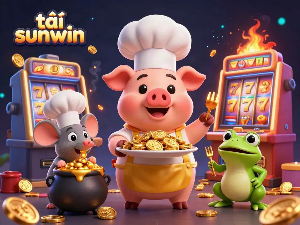 Experience excitement with tải sunwin as a pig chef serves gold coins in a vibrant casino scene.