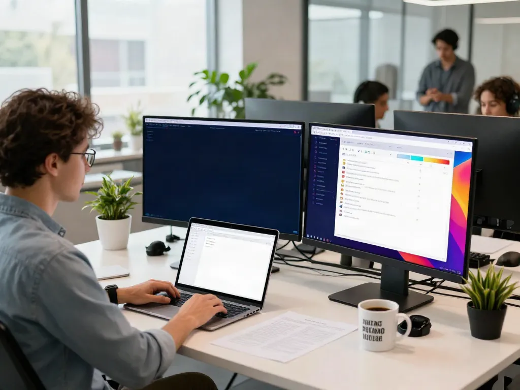 Digital marketer analyzing instant indexing reports in a vibrant office space.
