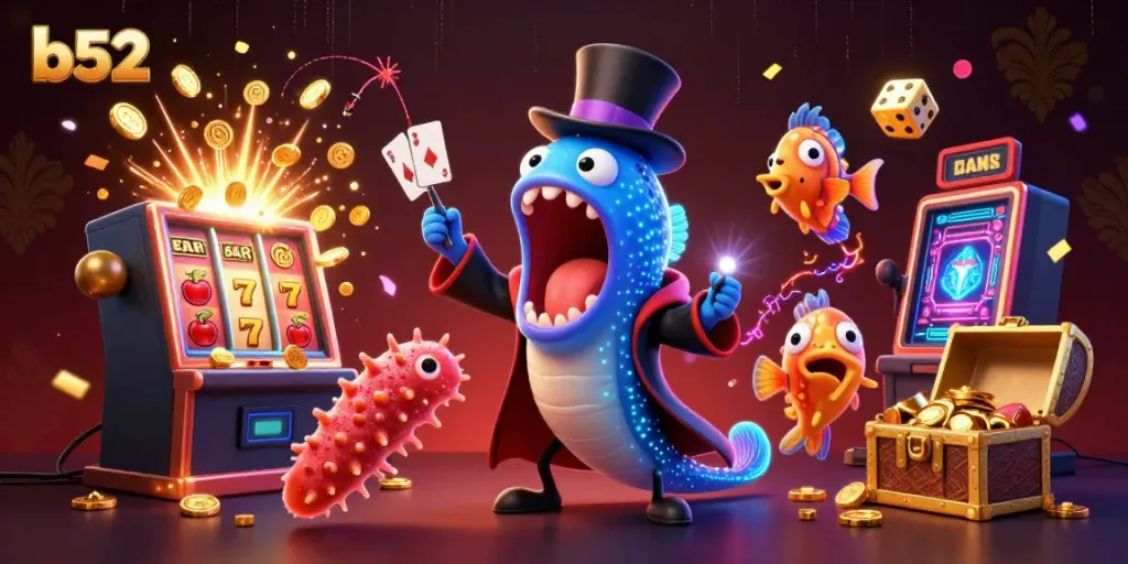Experience thrilling gambling at b52 with vibrant casino characters and slot machine action.