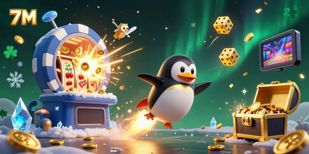 Experience the thrill of 7M with a rocket-powered penguin racing toward a casino, bursting with gold and excitement.