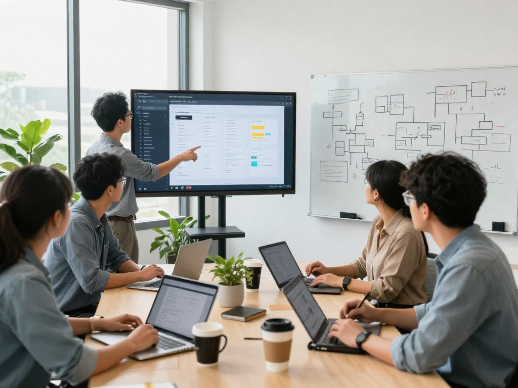 Developers collaborating on a tailor management app project in a modern office space.