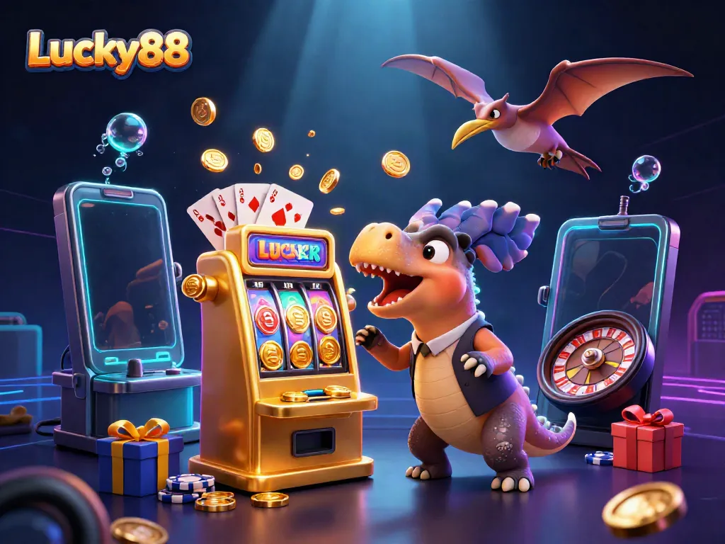 Experience the excitement of Lucky88 as a cartoon dinosaur hits a golden slot machine, coins flying.