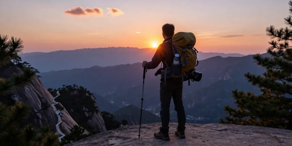 Manaslu Trek en Nepal: persona en mirador de montaña durante atardecer.