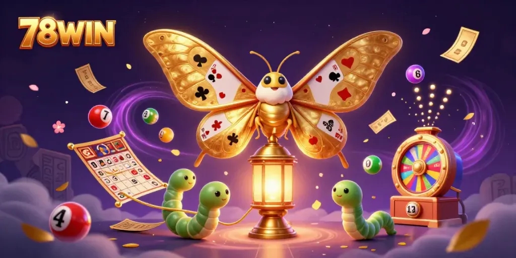 Experience the excitement of 78WIN with a vibrant, illustrated casino scene featuring a majestic atlas moth and dynamic gaming elements.