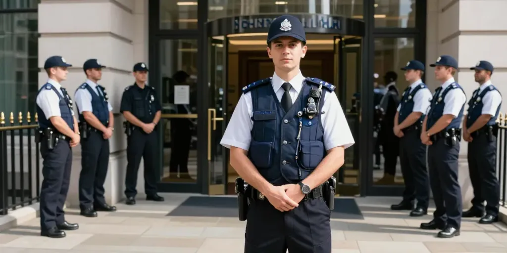 Security Guard ensuring safety at a corporate building in London.