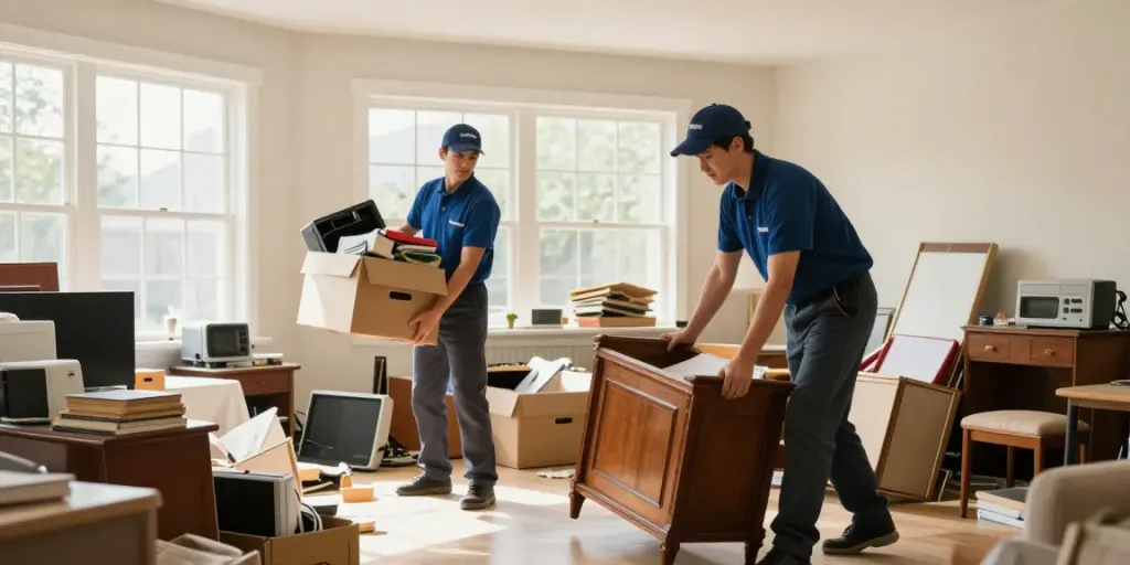 House Clearance Edinburgh team organizing a cluttered living room during a house clearance.