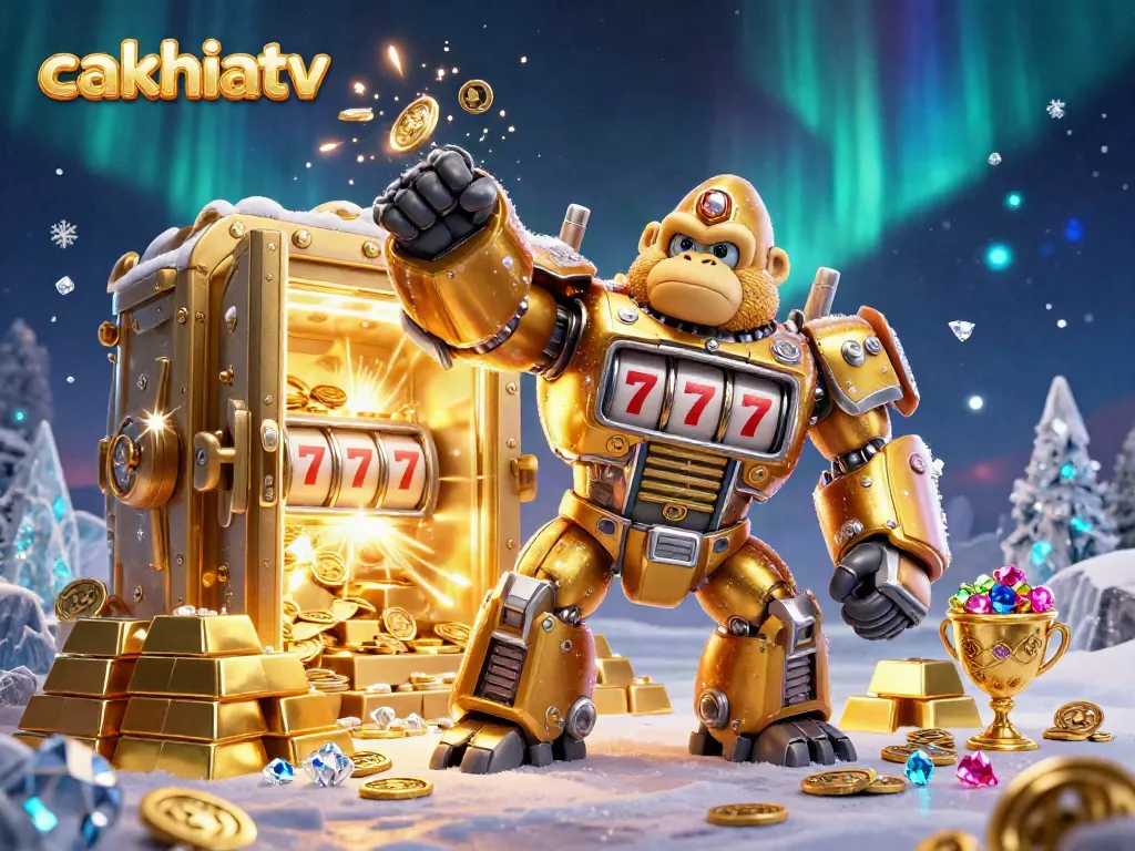 Cakhiatv casino scene with a golden gorilla mech and slot machine reels amidst sparkling treasures and jackpots.