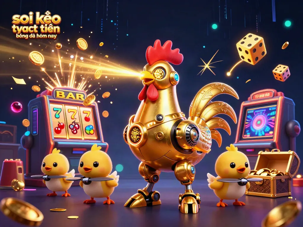Soi kèo trực tuyến bóng đá hôm nay showcases a golden rooster robot and drones amidst a vibrant casino scene.