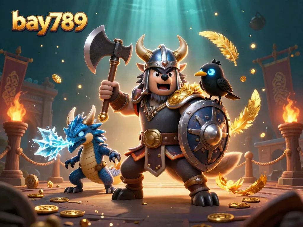 Engage with the vibrant gaming world of bay789 featuring an action-packed scene with a Viking wolf warrior, dragon, and gold coins.