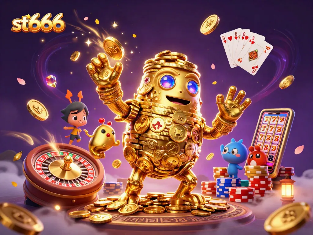 Spin the reels with st666's thrilling casino illustration featuring golden golem and vibrant games.