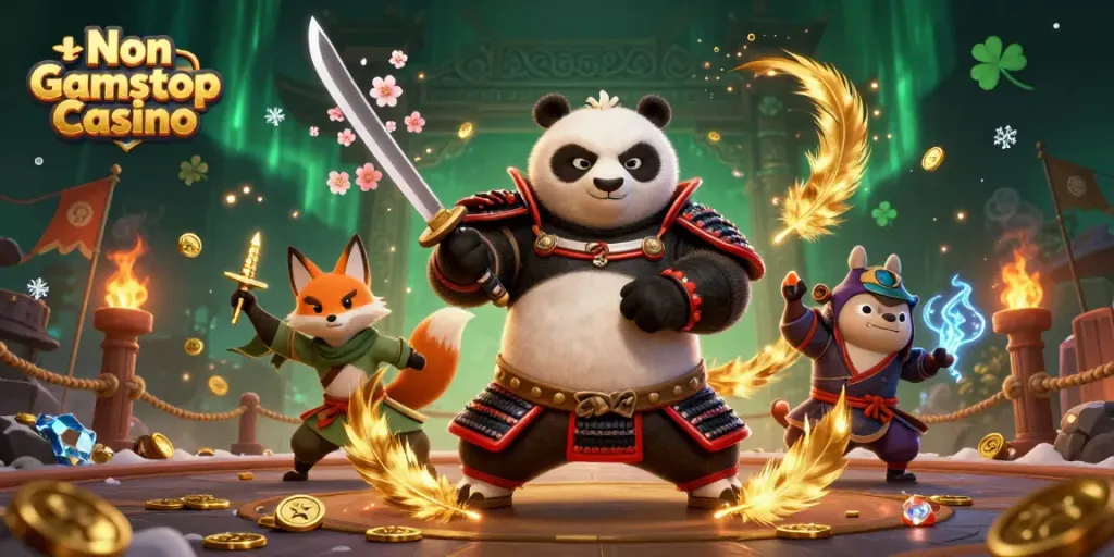 Engaging scene of Non Gamstop Casino featuring samurai panda and ninja fox amidst dynamic casino elements.