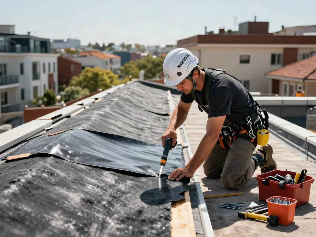 Skilled tradesman applying felt roofing material on a flat roof in a modern residential setting, emphasizing quality roofing expertise.