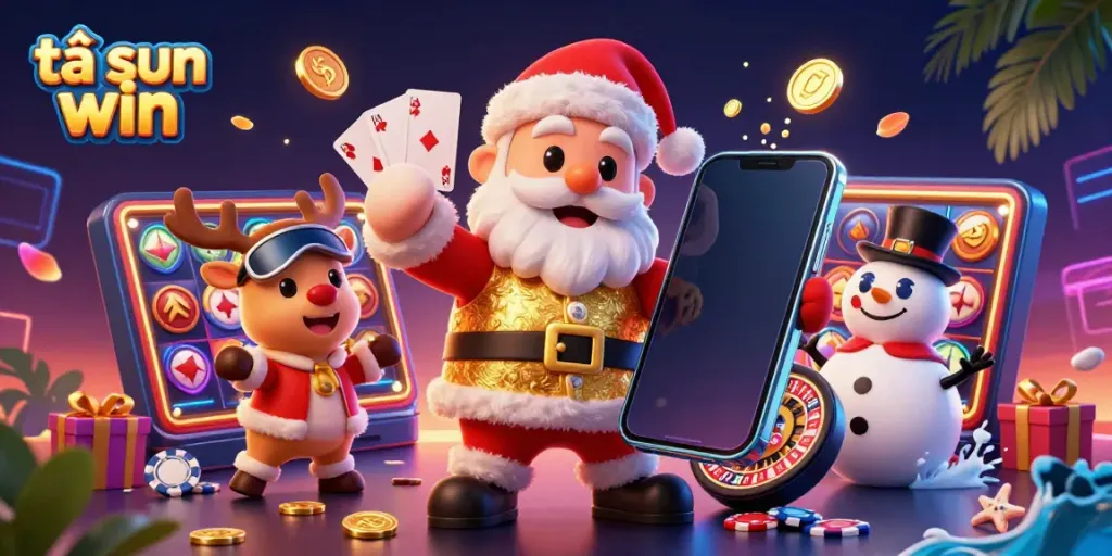 Experience the excitement of tải sun win with Santa, his reindeer dealer, and a poker chip snowman in a vibrant casino scene.